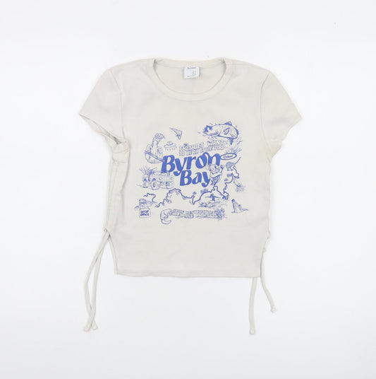 Bershka Women Beige Cropped T-Shirt M Byron Bay Graphic Tee