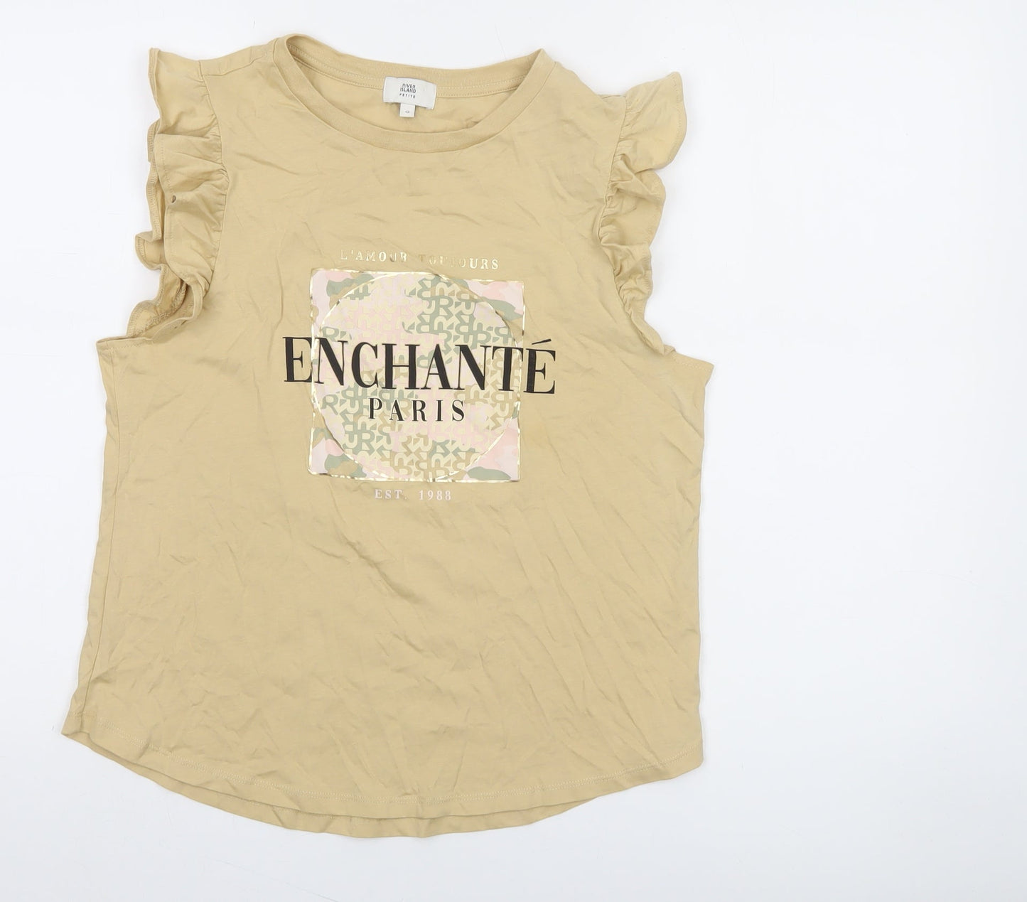 River Island Petite Beige Ruffle Sleeve Graphic T-Shirt Womens Size 12