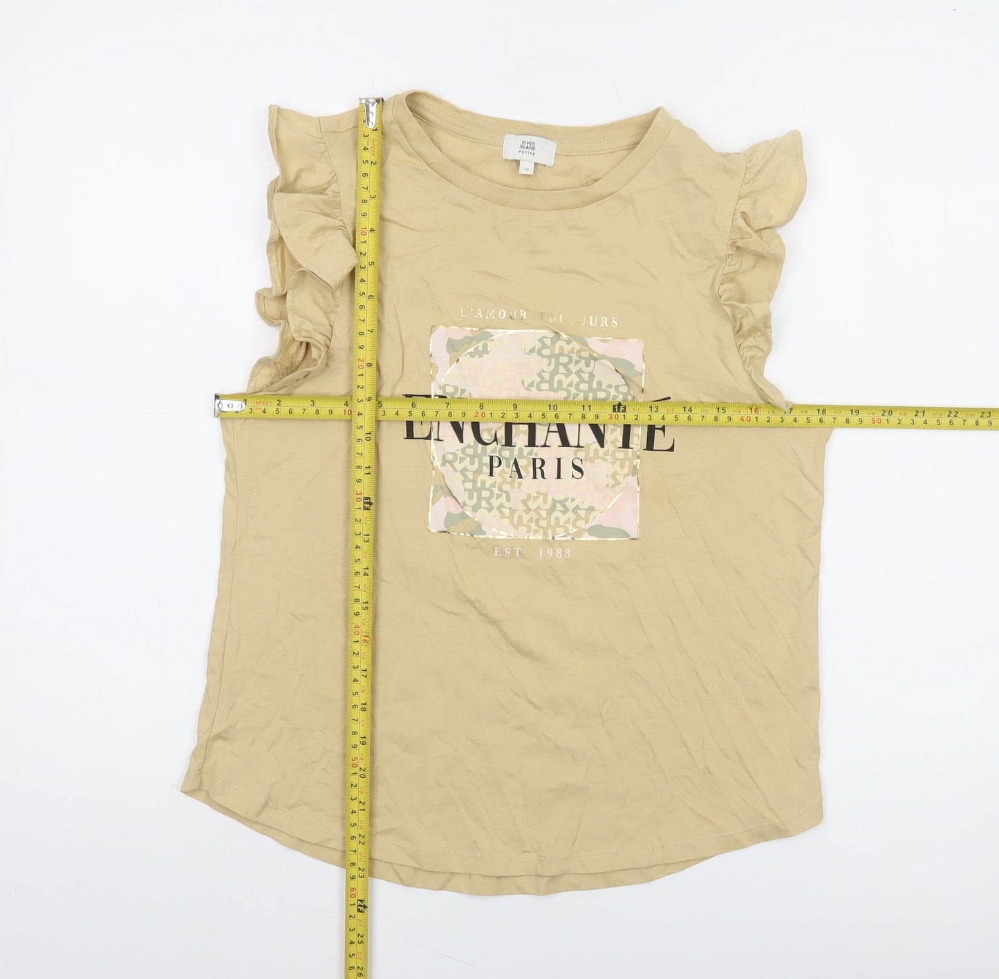 River Island Petite Beige Ruffle Sleeve Graphic T-Shirt Womens Size 12