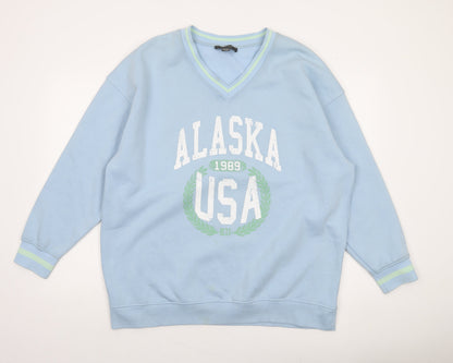 Primark Women Blue V-Neck Alaska USA Graphic Sweatshirt Size M