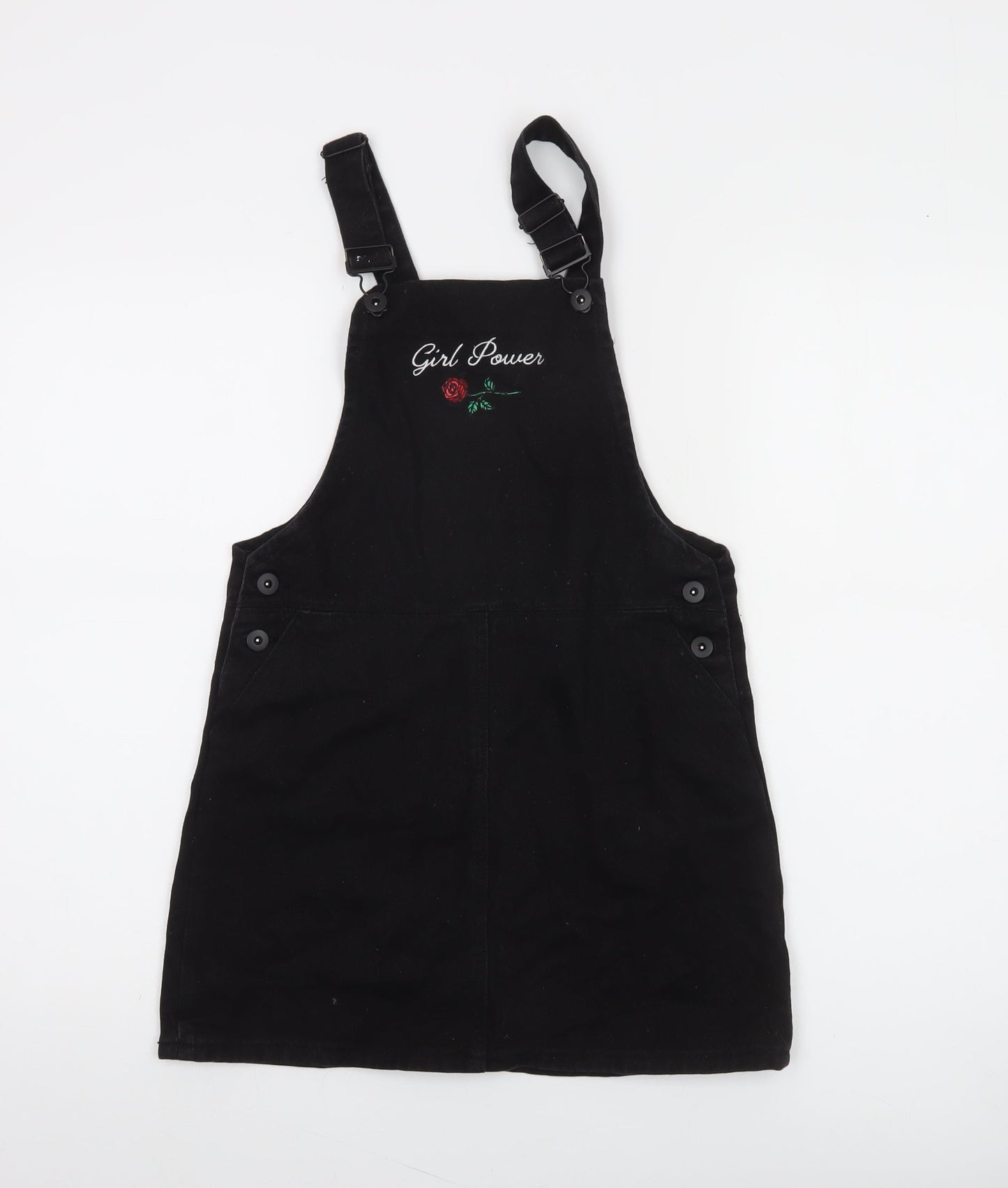 Forever 21 Girls Black Cotton Pinafore Dress 13-14 Years Adjustable 'Girl Power'