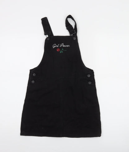 Forever 21 Girls Black Cotton Pinafore Dress 13-14 Years Adjustable 'Girl Power'