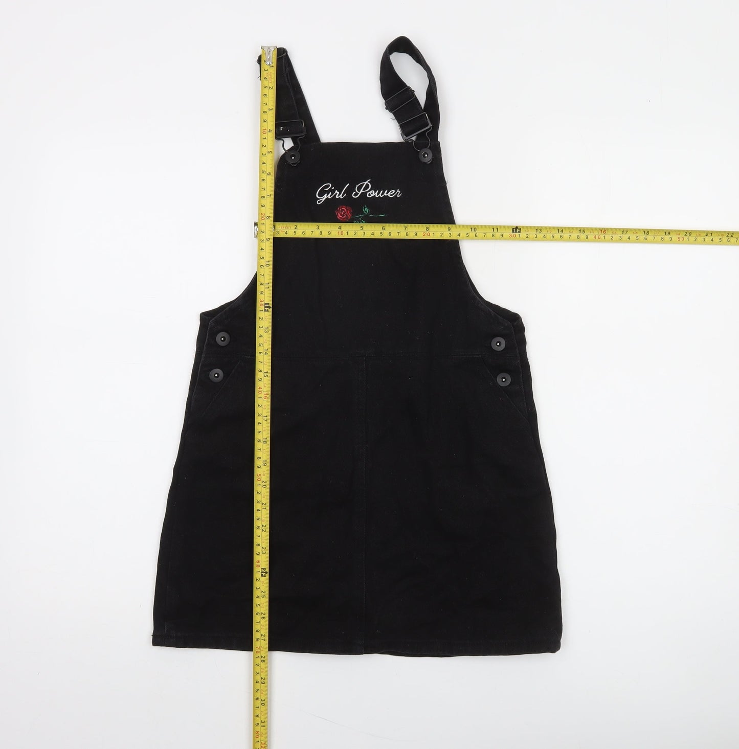 Forever 21 Girls Black Cotton Pinafore Dress 13-14 Years Adjustable 'Girl Power'
