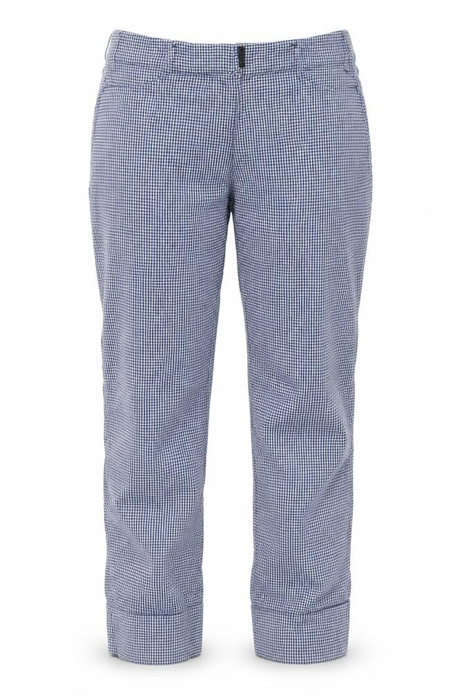 Front view of Gallery Women's Blue Check Stretch Trousers, size S