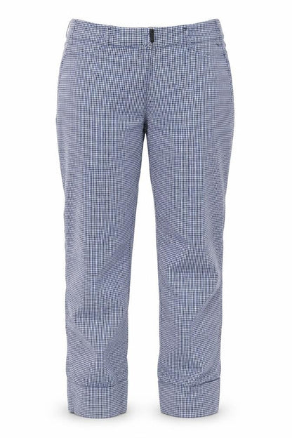 Front view of Gallery Women's Blue Check Stretch Trousers, size S