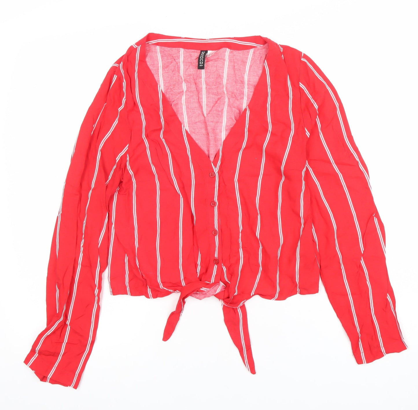 H&M Divided Women Red Striped Cropped Viscose Blouse UK 8