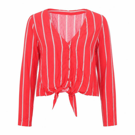 H&M Divided Women Red Striped Cropped Viscose Blouse UK 8