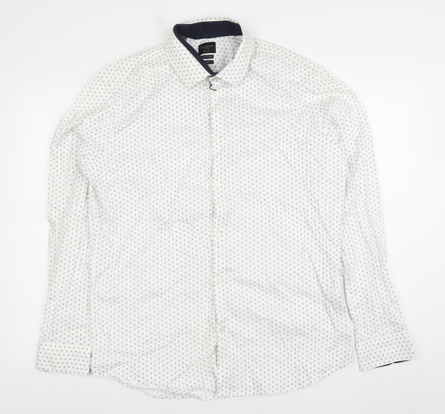 SELECTED HOMME Men's White Slim Fit Easy Iron Geometric Print Dress Shirt M
