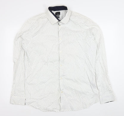 SELECTED HOMME Men's White Slim Fit Easy Iron Geometric Print Dress Shirt M