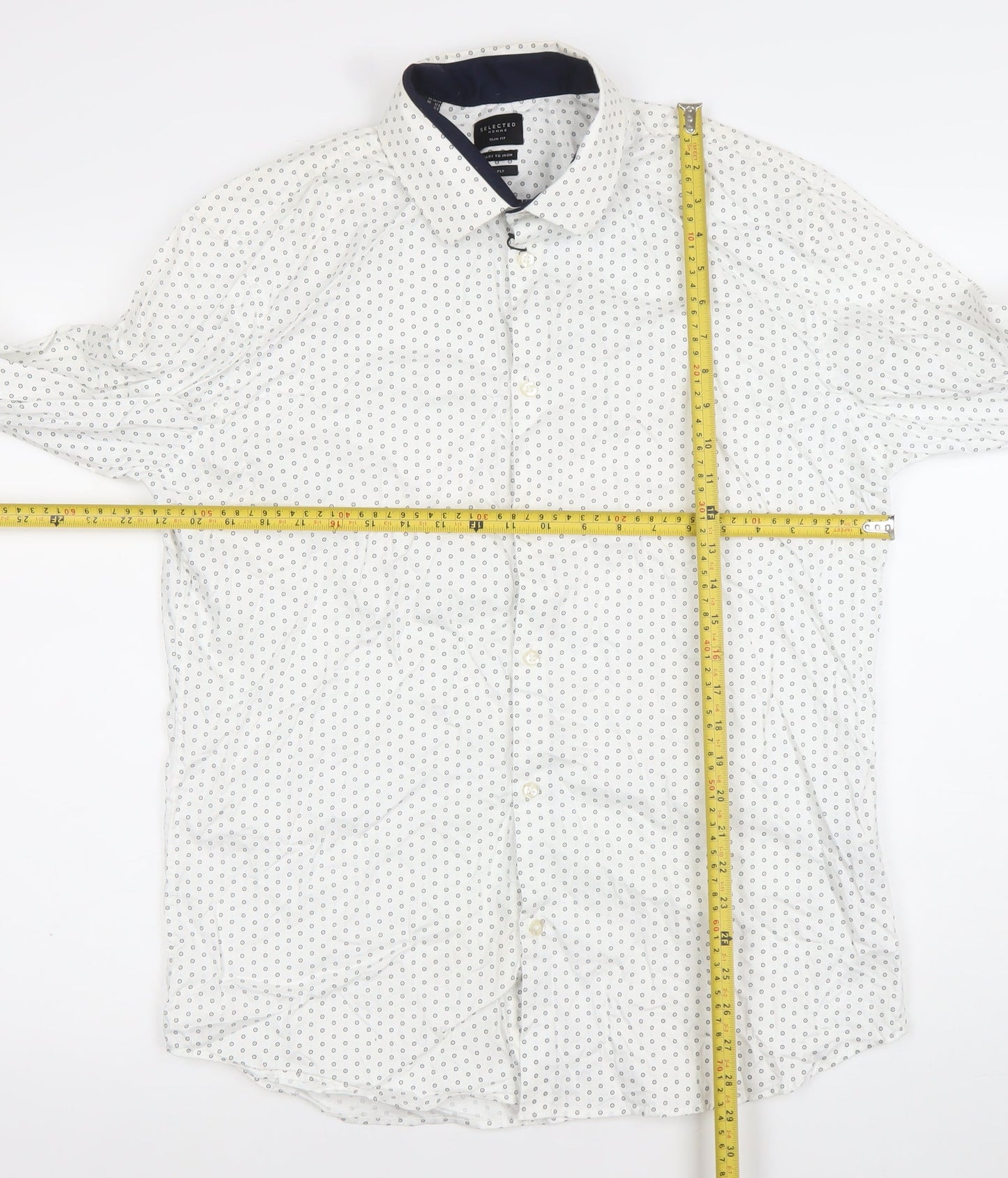 SELECTED HOMME Men's White Slim Fit Easy Iron Geometric Print Dress Shirt M