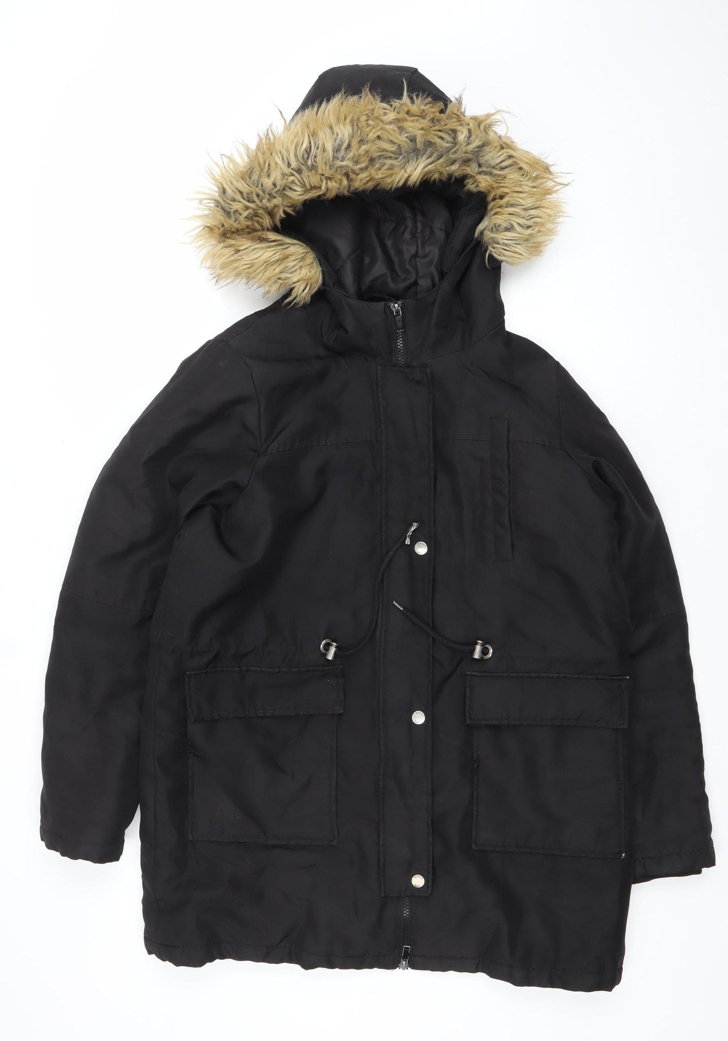 Noisy May Women's Black Faux Fur Hooded Parka Coat Size M