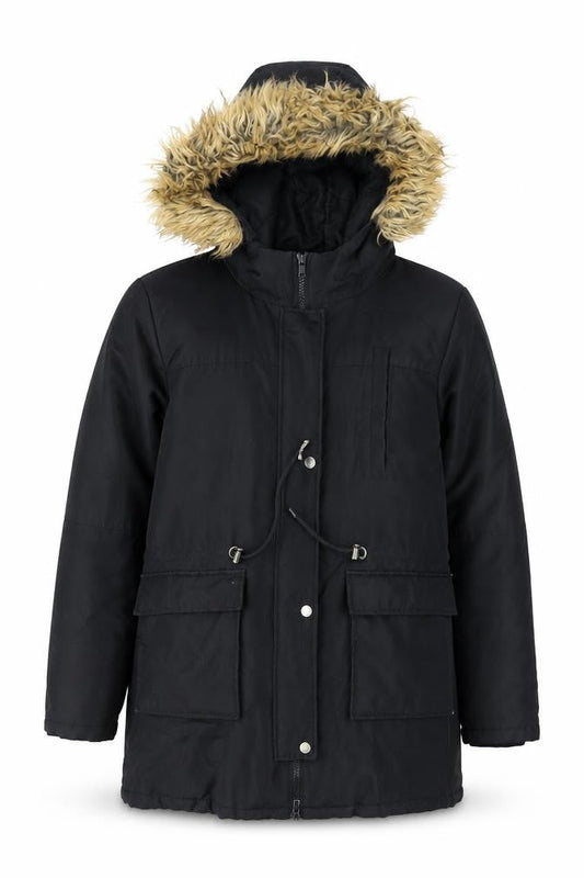 Noisy May Women's Black Faux Fur Hooded Parka Coat Size M