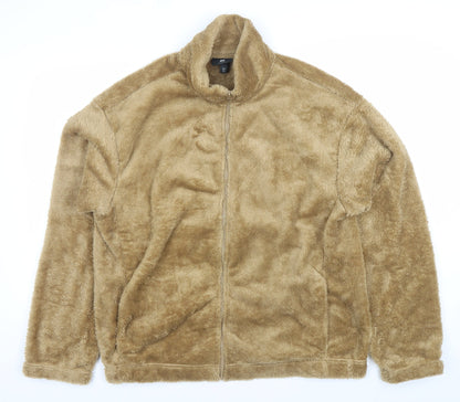 H&M Women Beige Faux Fur Fleece Zip Jacket Size 14 Relaxed Fit