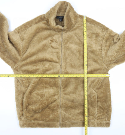 H&M Women Beige Faux Fur Fleece Zip Jacket Size 14 Relaxed Fit