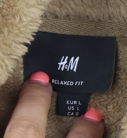 H&M Women Beige Faux Fur Fleece Zip Jacket Size 14 Relaxed Fit