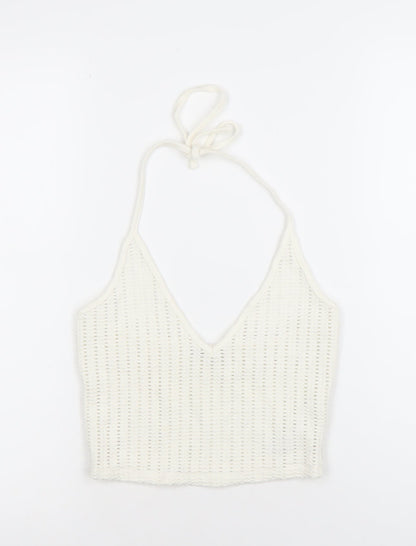 Bershka Womens Ivory Cropped Knit Halter Tank Top M
