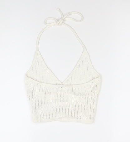 Bershka Womens Ivory Cropped Knit Halter Tank Top M