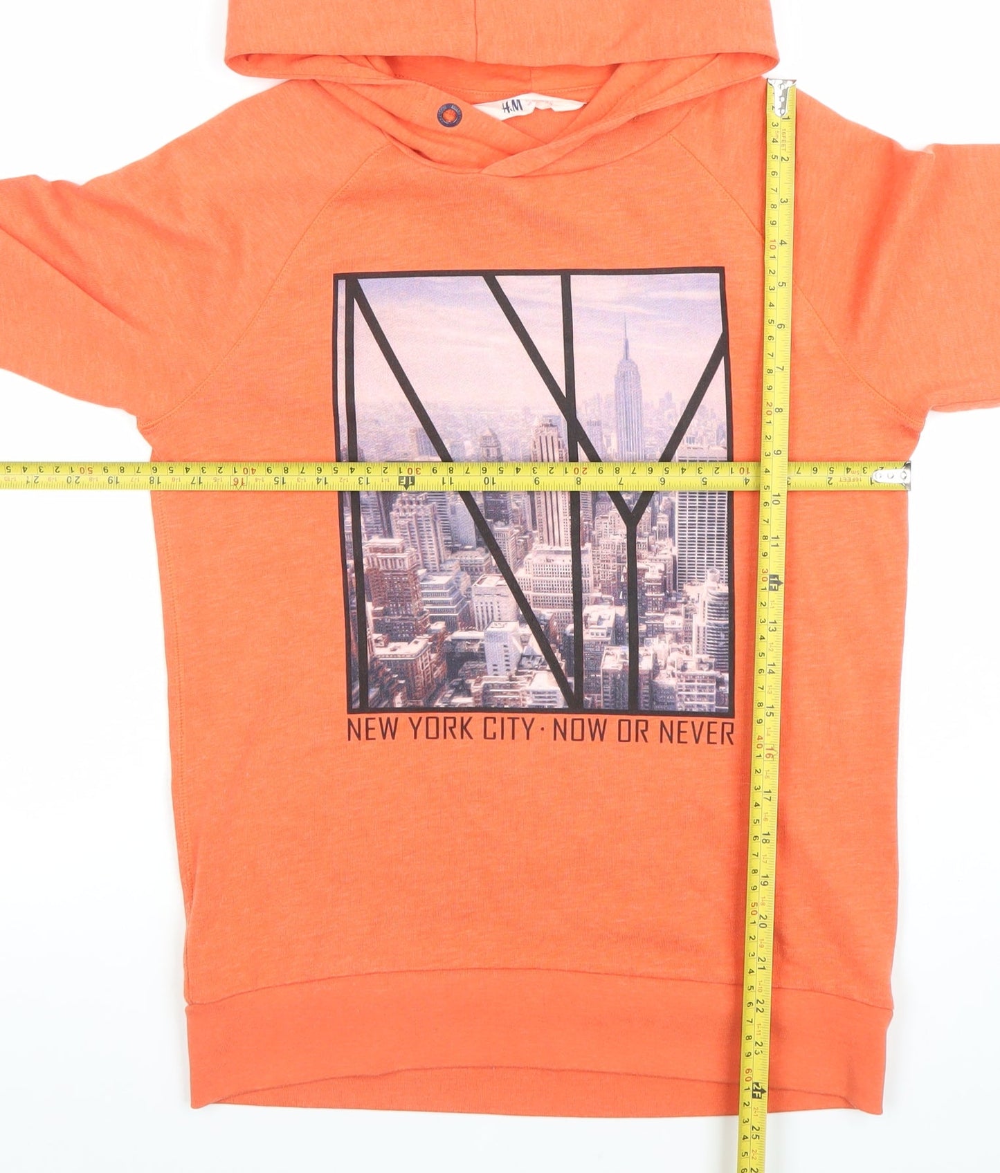 H&M Boys Orange Graphic Pullover Hoodie Size 12-14 Years Cotton Blend