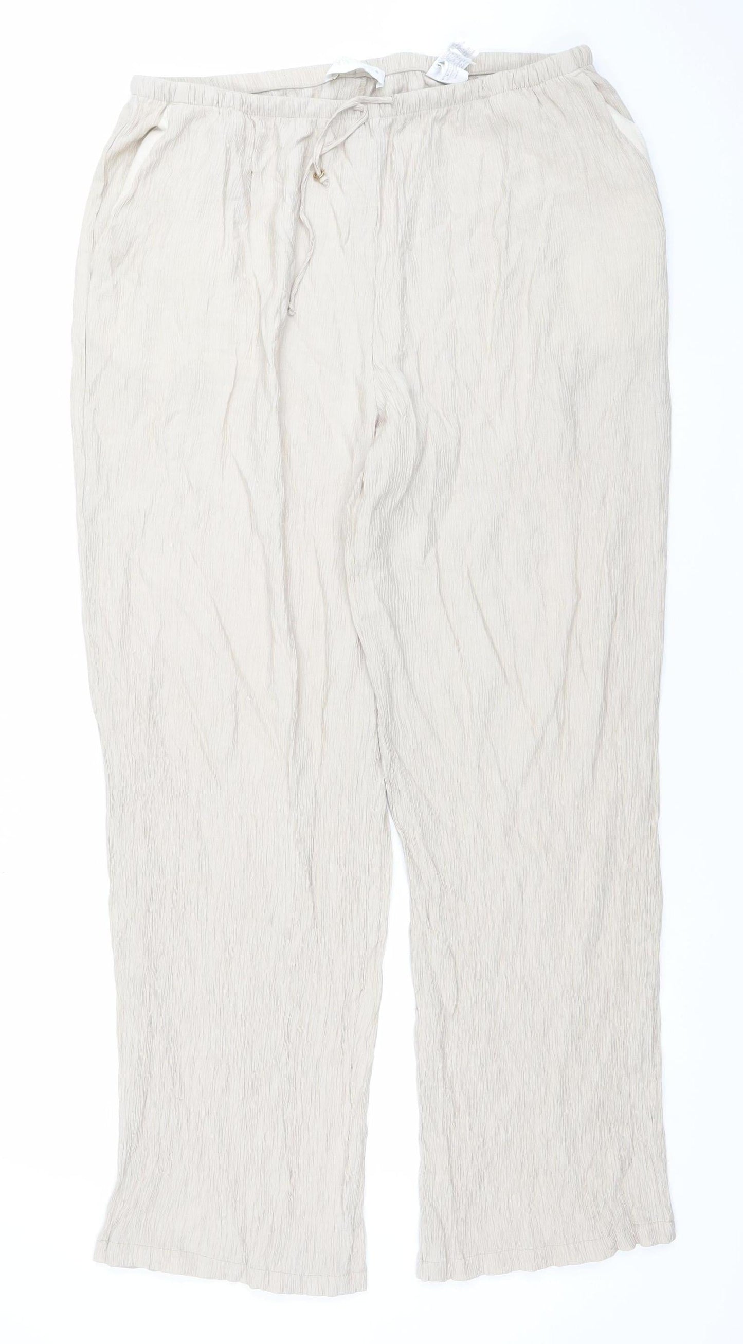 Zara Women Beige Wide-Leg Trousers XL Viscose Blend Drawstring Waist