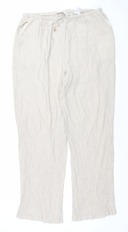 Zara Women Beige Wide-Leg Trousers XL Viscose Blend Drawstring Waist
