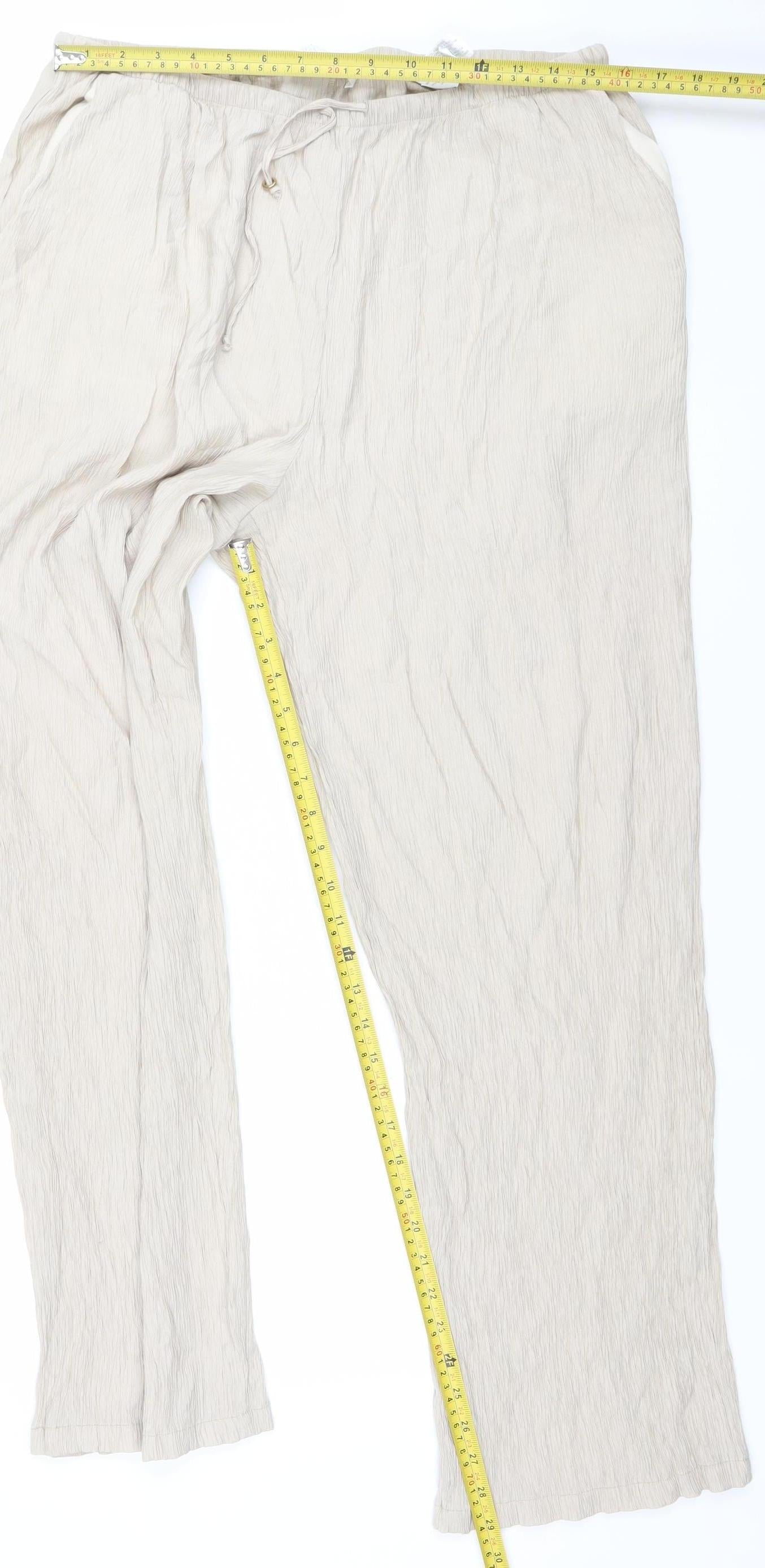 Zara Women Beige Wide-Leg Trousers XL Viscose Blend Drawstring Waist