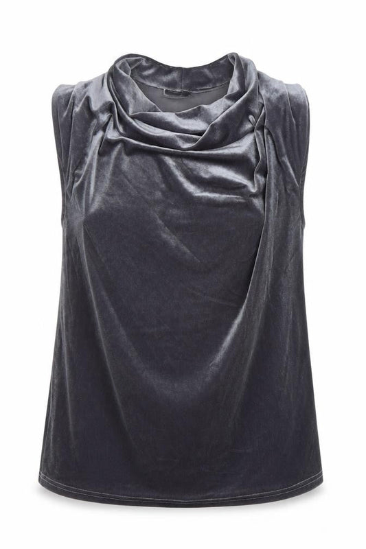 Front view of Gallery Women's Grey Velvet Cowl Neck Sleeveless Blouse, size S