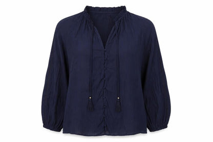 Front view of Gallery Women Navy Blue Long Sleeve Button-Up Blouse XL