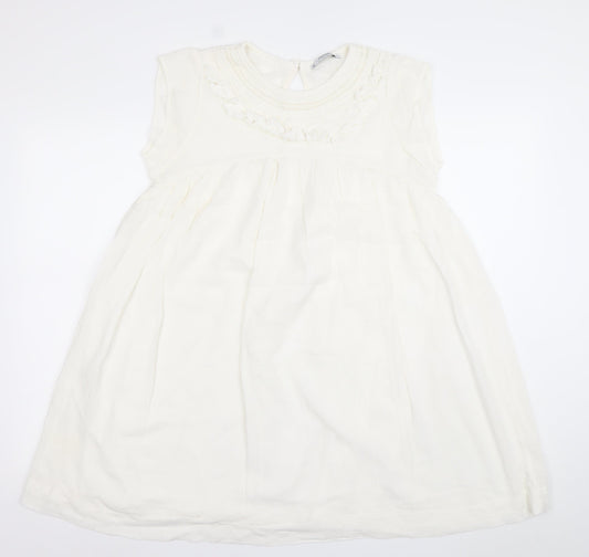 Mango Women Ivory Sleeveless Shift Dress Size 8 Ruffle Detail