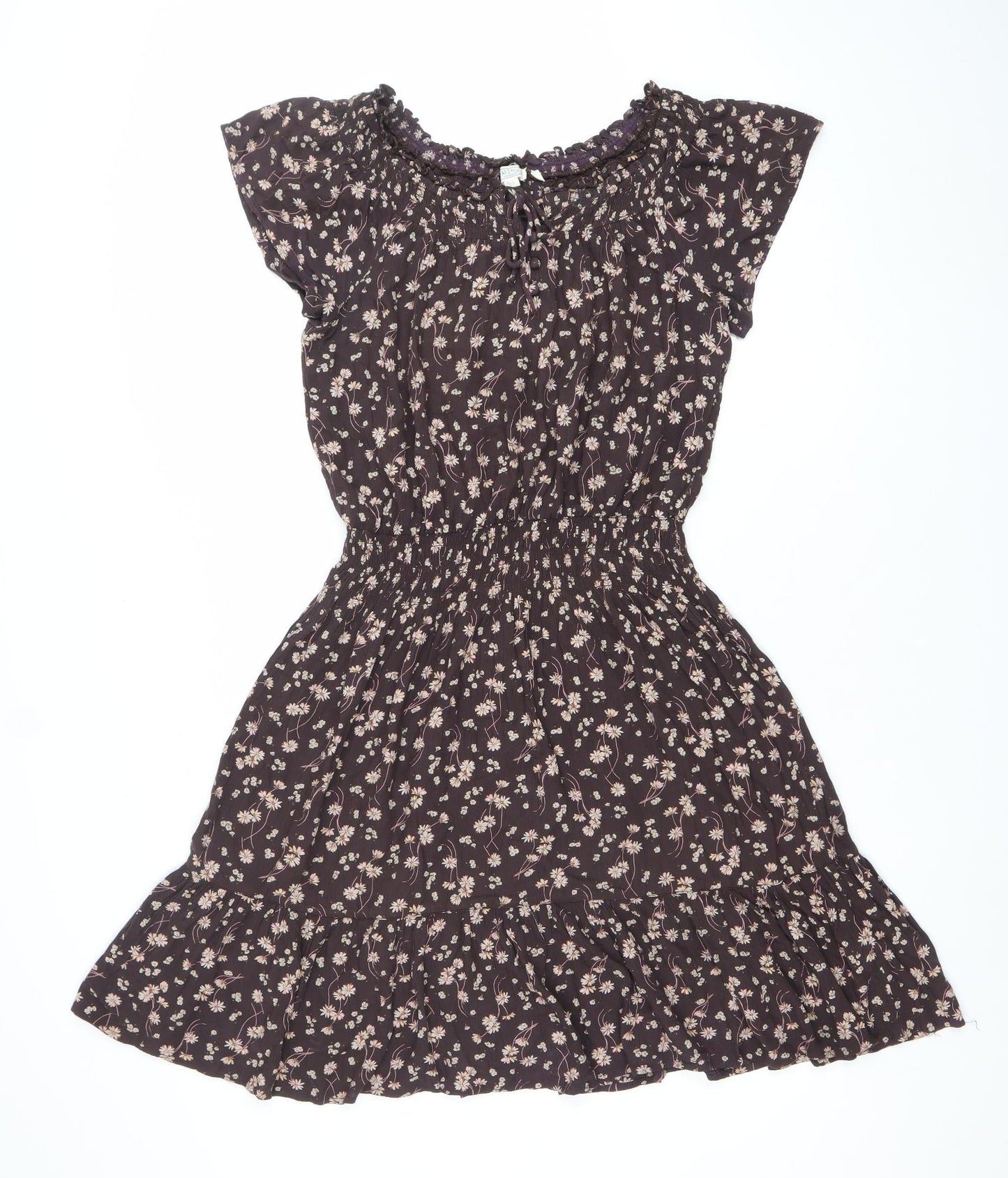 Fat Face Women Brown Floral Smocked A-Line Dress Size 8