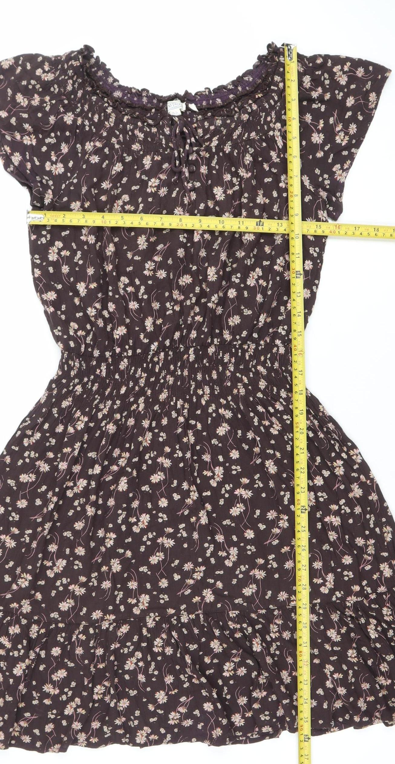 Fat Face Women Brown Floral Smocked A-Line Dress Size 8