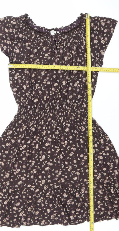 Fat Face Women Brown Floral Smocked A-Line Dress Size 8
