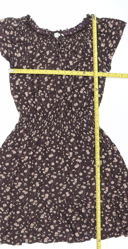 Fat Face Women Brown Floral Smocked A-Line Dress Size 8