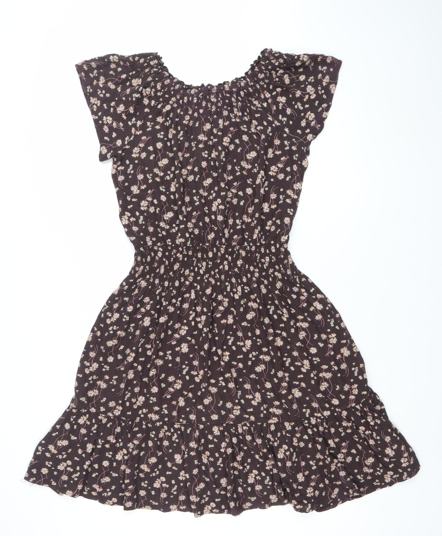 Fat Face Women Brown Floral Smocked A-Line Dress Size 8