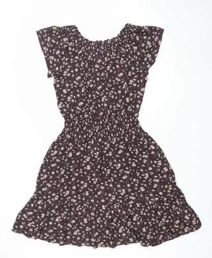 Fat Face Women Brown Floral Smocked A-Line Dress Size 8