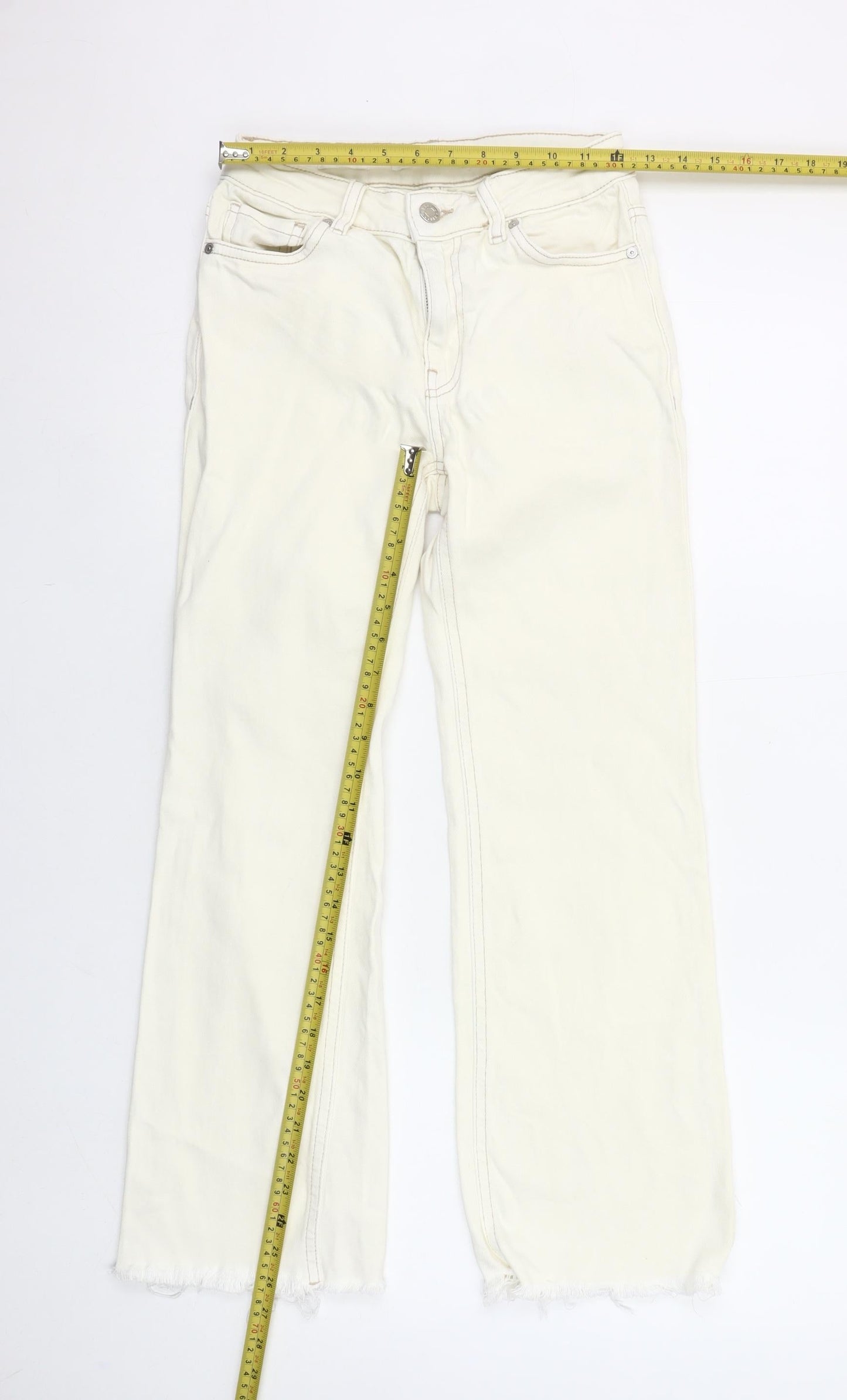 MNG Women's Ivory Straight Jeans Size 6 Sienna Style Frayed Hem