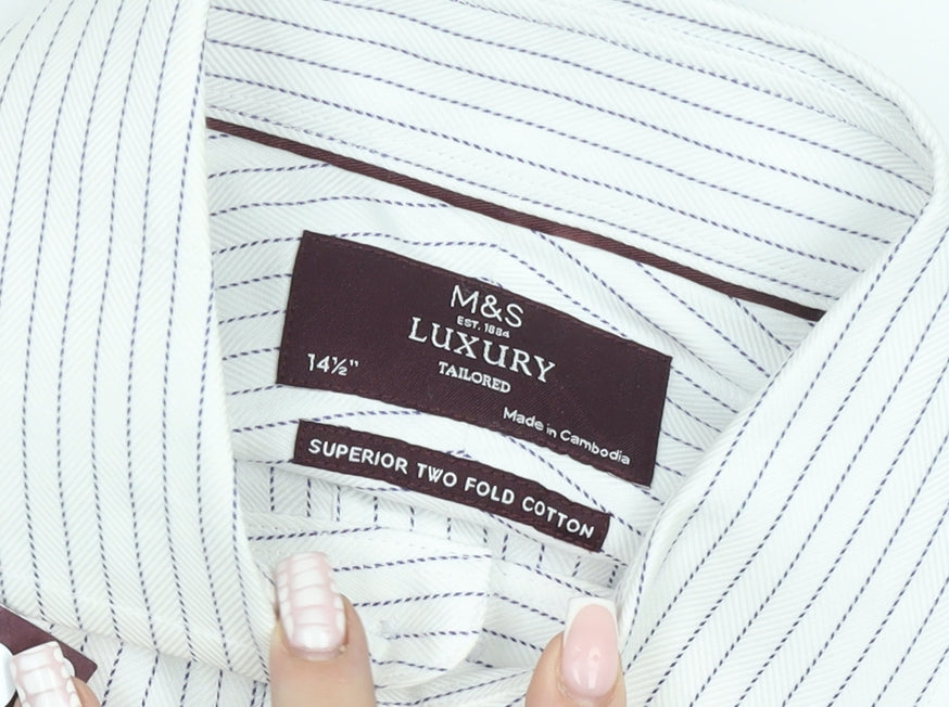 Marks and Spencer Men's White Striped 14.5 Tailored Cotton Shirt