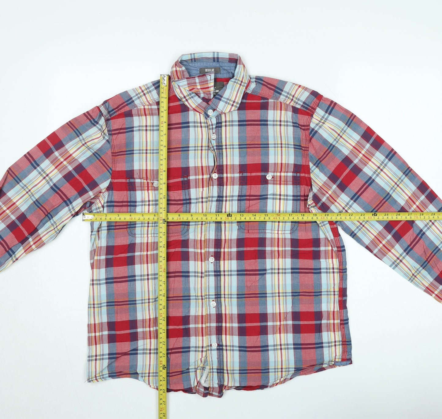 H&M L.O.G.G Men's Red Check Cotton Long Sleeve Button-Up Shirt M