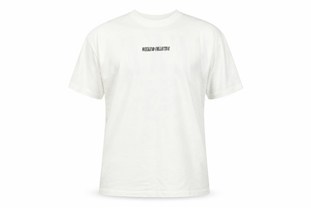 Front view of ASOS DESIGN Men's White Weekend Collective Graphic T-Shirt, size M