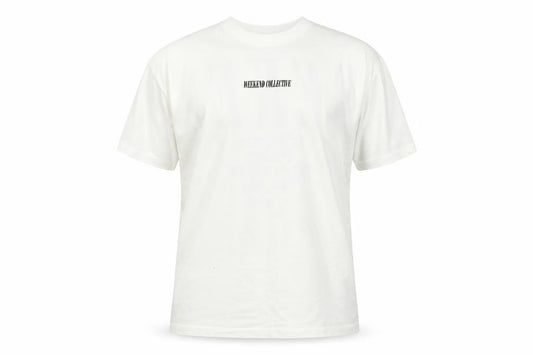 Front view of ASOS DESIGN Men's White Weekend Collective Graphic T-Shirt, size M
