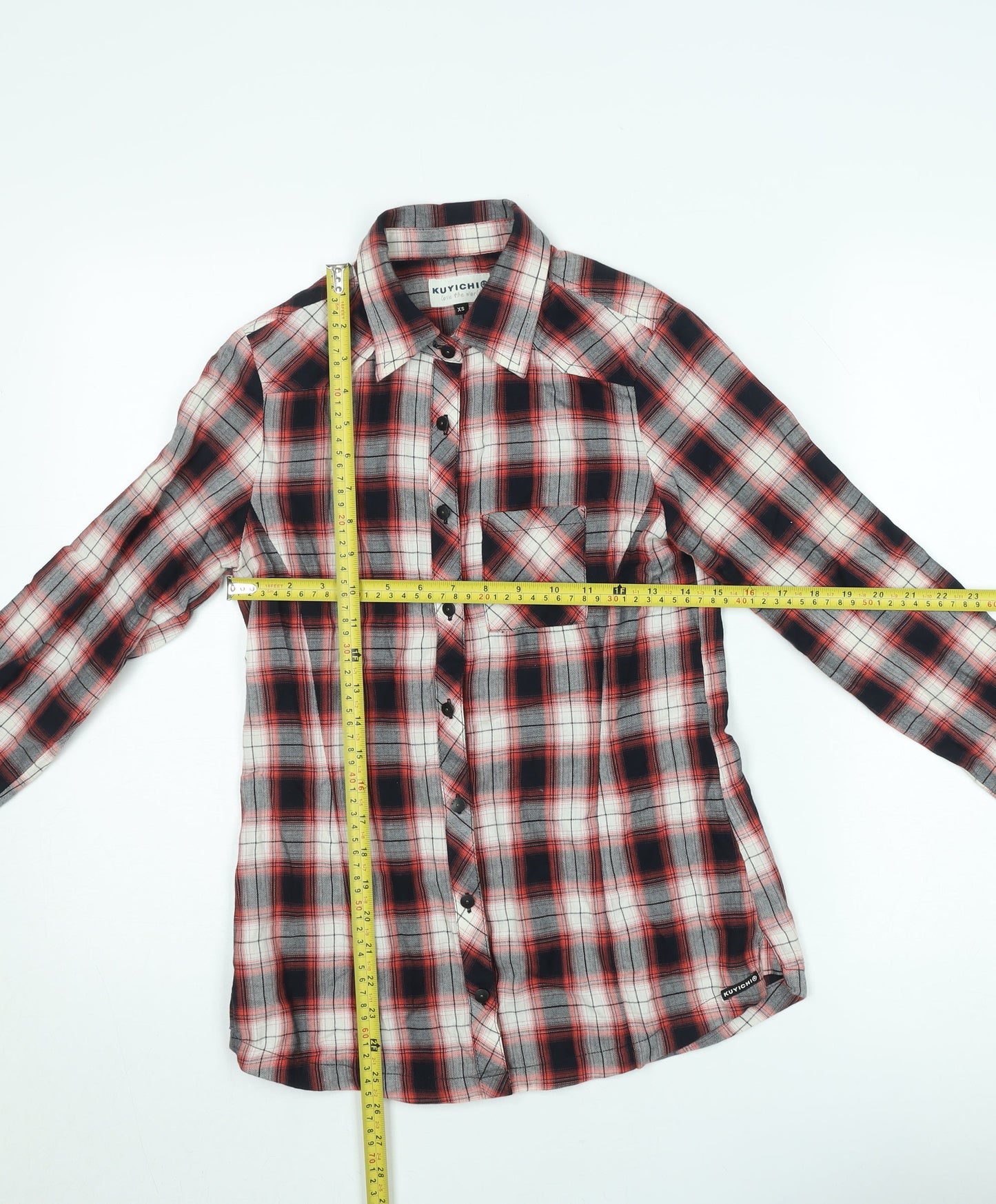 Kuyichi Womens Red Plaid Cotton Button-Up Shirt XS Long Sleeve