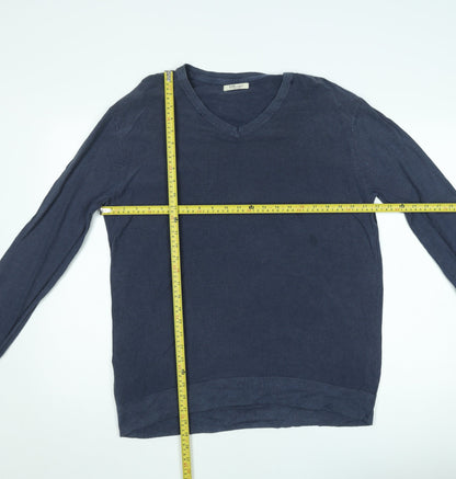 H.E. by Mango Men's Blue Cotton V-Neck Jumper Size L