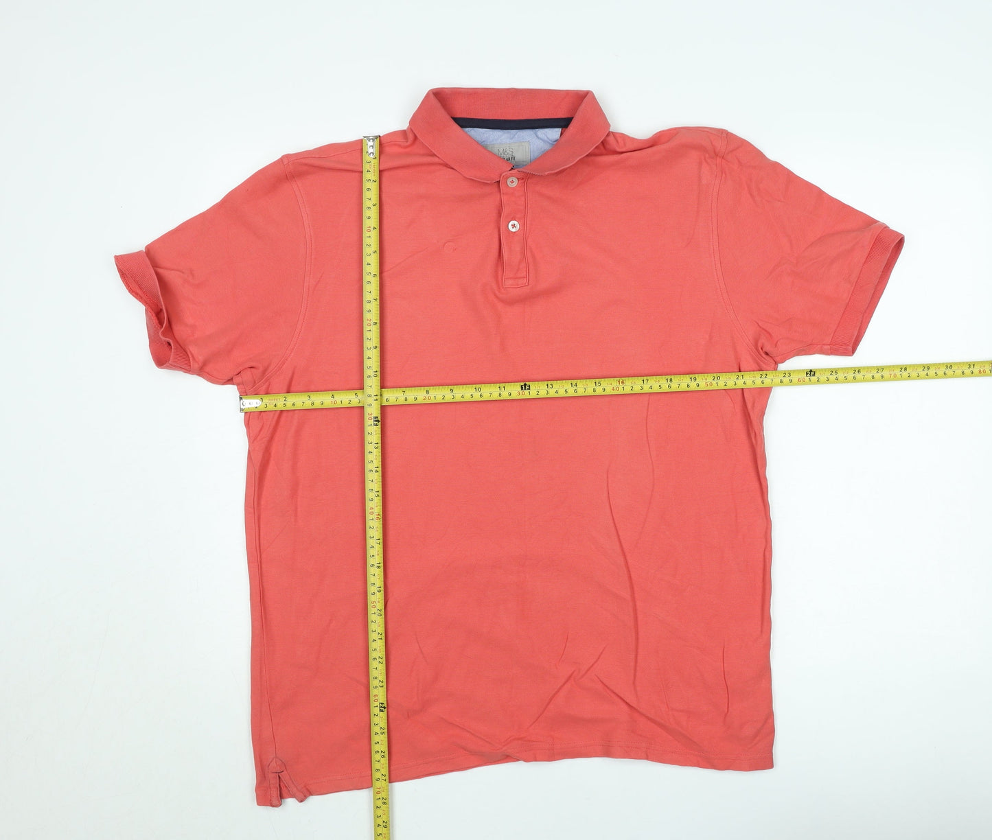Marks and Spencer Men's Red Cotton Regular Fit Polo Shirt L