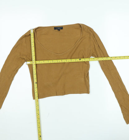 Topshop Women’s Beige Ribbed Long Sleeve Scoop Neck Jumper Size 10