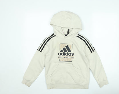Adidas Boys Beige Pullover Hoodie 10 Years Fleece Hooded Sweatshirt