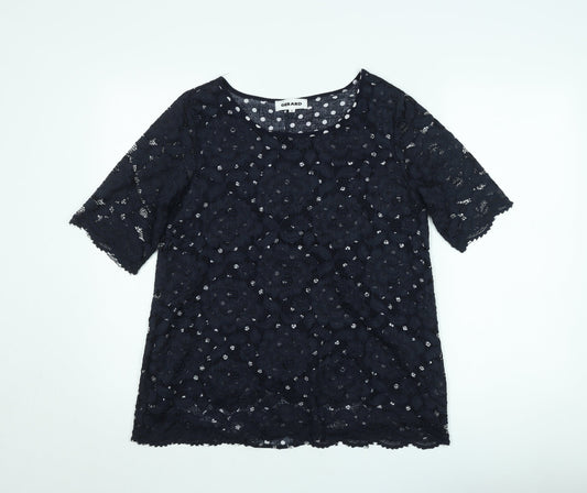 Additional front view of Gerard Women Black Lace Floral Short Sleeve Blouse, size 12