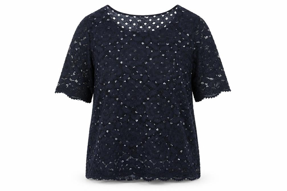 Front view of Gerard Women Black Lace Floral Short Sleeve Blouse, size 12