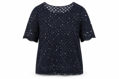 Front view of Gerard Women Black Lace Floral Short Sleeve Blouse, size 12