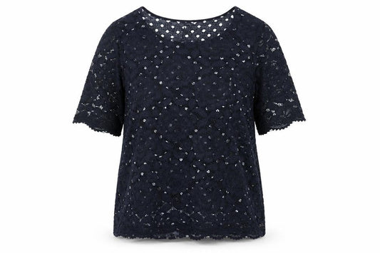 Front view of Gerard Women Black Lace Floral Short Sleeve Blouse, size 12