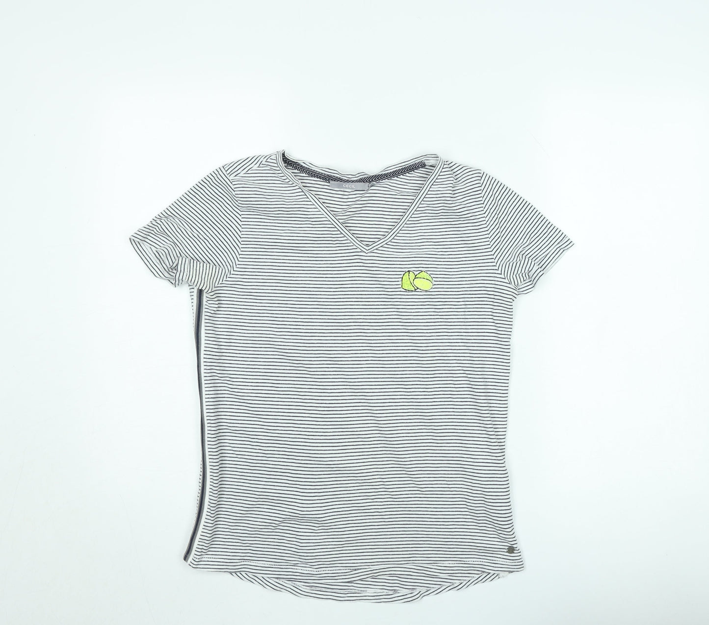 Cecil Womens White Striped V-Neck T-Shirt Size L Casual Cotton Blend