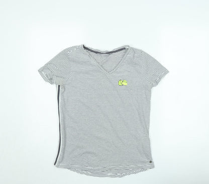 Cecil Womens White Striped V-Neck T-Shirt Size L Casual Cotton Blend